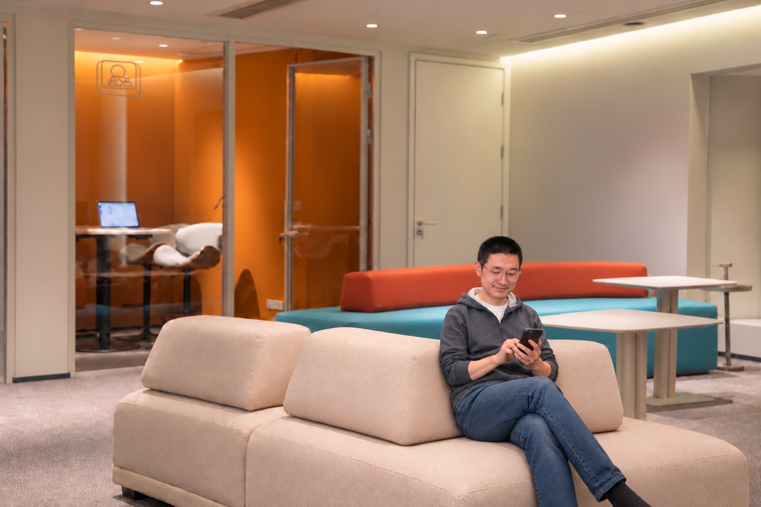 Office scene illustration: a person uses a phone in the seating area while a laptop runs inside the orange glass meeting booth.